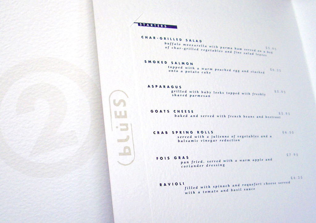 Menu design for Blues restaurant